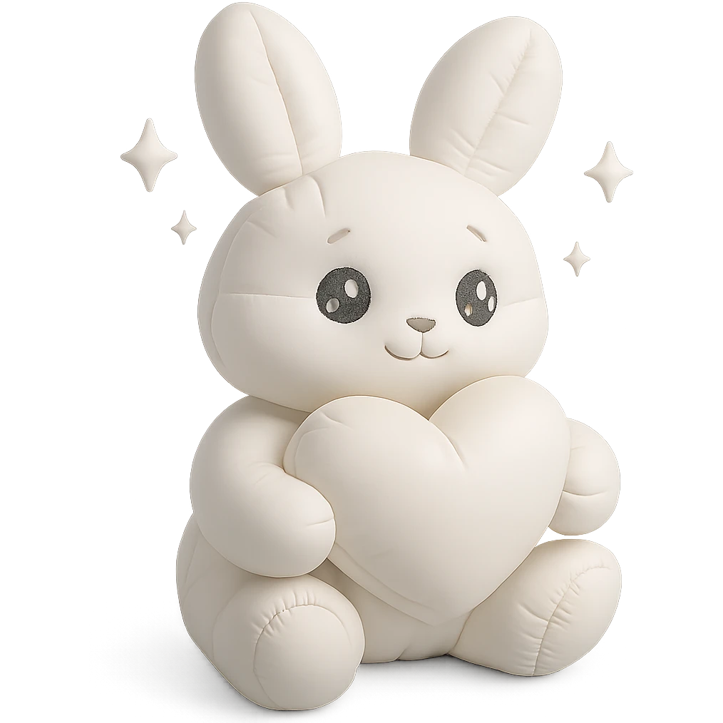 full-body milky white bunny with sparkling eyes, holding a big heart, sparkles floating around, dreamy pose, cushion style emoji