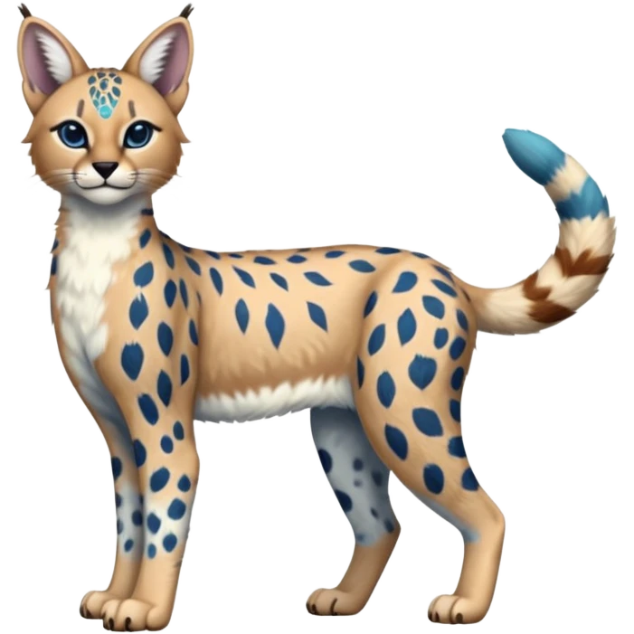 Colorful bluish cute adorable tropical exotic fruity rosy Caracal-Cheetah-Serval-Snow-Leopard-Trico-Sergal-Vernid-fusion-hybrid-animal-creature, full body, with tribal markings emoji