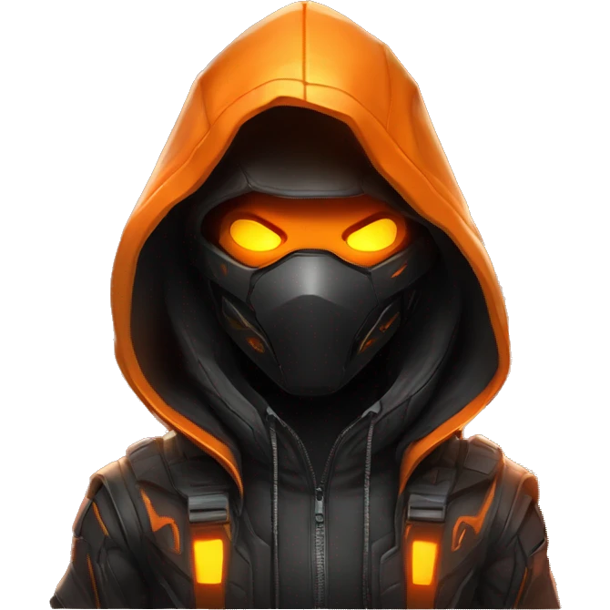  developer behind his laptop with this style : crysis Cyberpunk Valorant orange glowing bright orange character orange black hooded assassin themed character emoji