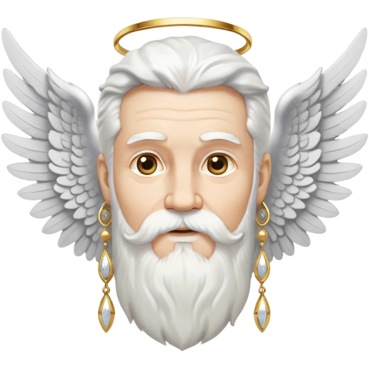Ancient god with white angel wings spread wide, silver-white hair, beard and mustache, ornate gold earrings dangling from both ears emoji