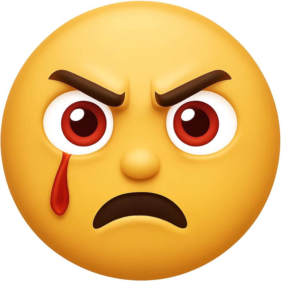 Make the emoji have basic, classic emoji eyes as simple black dots, keep the eye twitching in rage, preserve the yellow head and transparent background. The style should resemble classic yellow emoji style with simple black dot eyes and expressive rage twitching. emoji