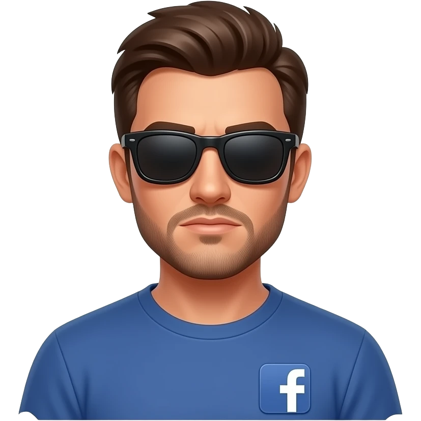 A informal man with sunglasses, glowing digital, symbols on the around, a left side Facebook logo, on the left shoulder, looking at viewer, a very serious. Text on below: 'What's your topic, lady?' shimmering a red x cross and a green check icons emoji