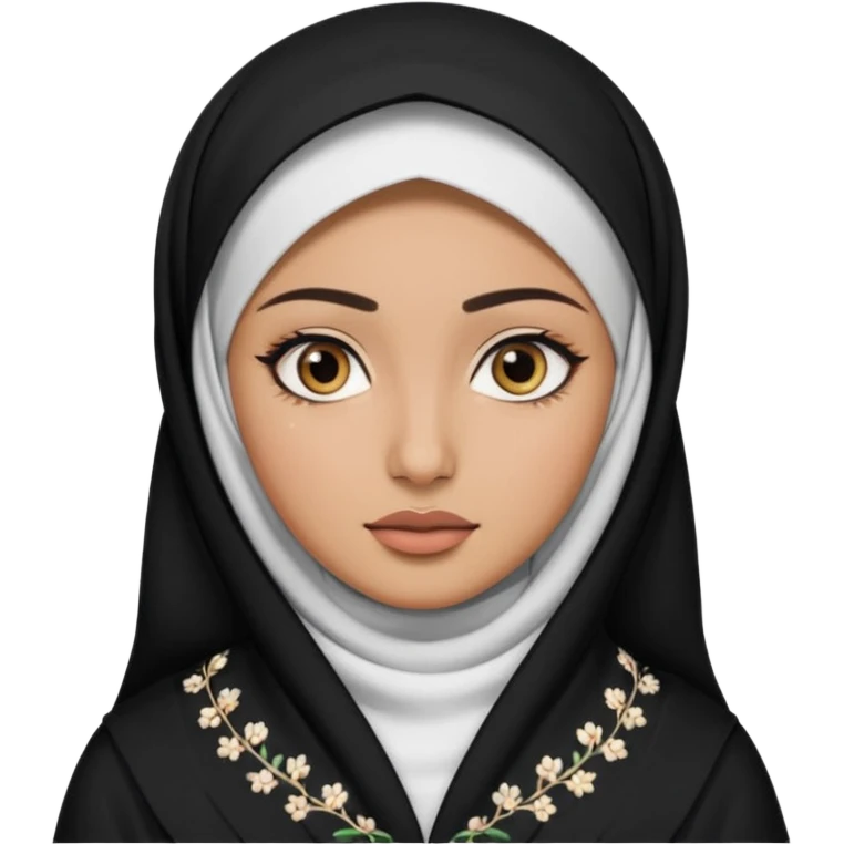 Make a emoji of a Muslim girl wearing a white hijab and makeup on her face, with only her eyes visible and her full body covered in an abaya or burqa. emoji