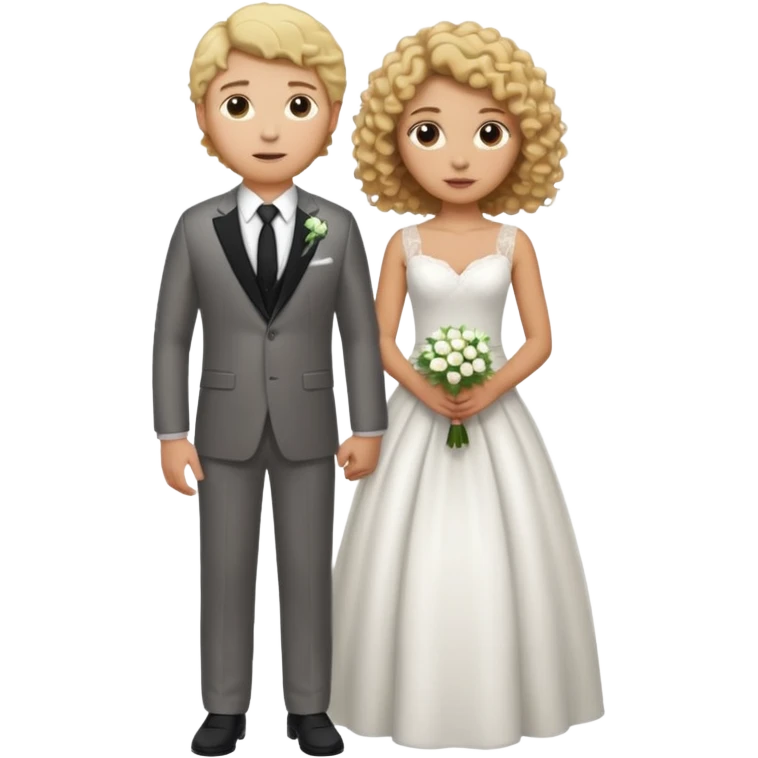 Blonde girl with light brown skin in wedding dress curly hair with white men next too her with a suit on and straight brown  hair emoji