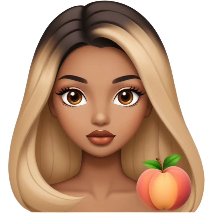 Glamourous, light brown skin tone, very beautiful girl, with big plump peach-beige lips, long long lashes, black straight smooth silky long hair, straight parting hair, brown eyes emoji