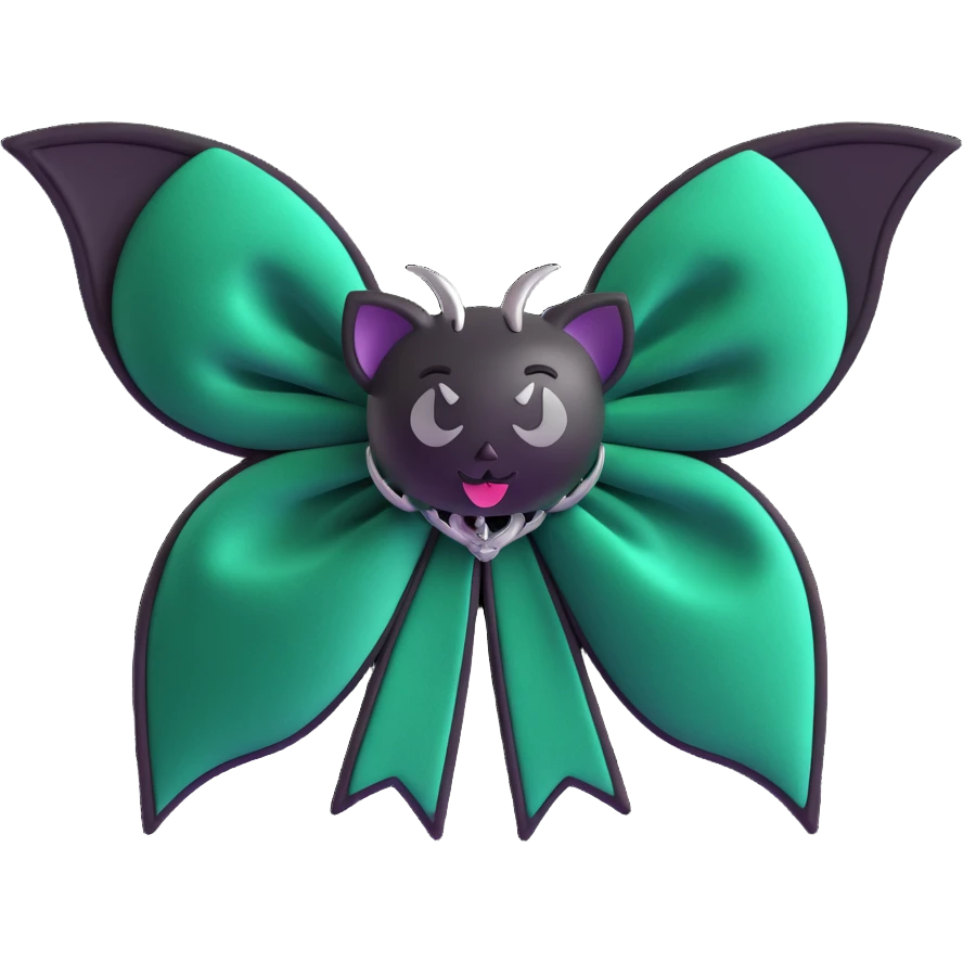 3D emoji gothic bow, dark emerald velvet, silver bat charm, black rose center, lush and gothic emoji