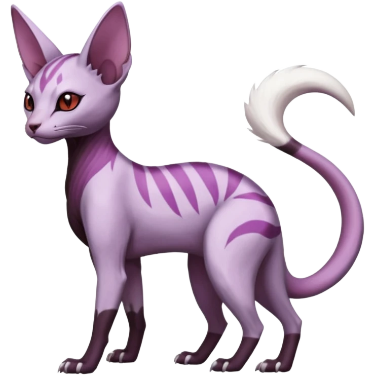 Purple, white, black, Minccino-Sphynx-Lykoi-Linoone-Zangoose-fusion-hybrid-animal-Fakémon-creature, full body, thin long sleek scaly tail, intricate markings emoji