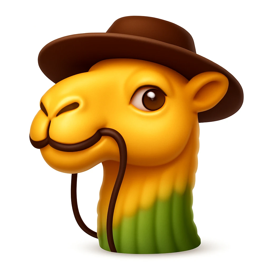 Make a camel emoji exactly like the reference image, in iOS emoji style. Same face, neck, and expression, smooth and shiny. Add a soft shadow. emoji