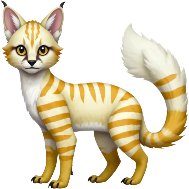 Colorful tropical tribal pale light fruity pastel white glorious iridescent divine exotic cute albino neon vibrant zigzagged cool beautiful fantasy-caracal-civet-genet-sergal-vernid-Gryphon-Cacomistle-Trico-oncilla-animal-Fakémon-hybrid-fursona (full body), facial markings,  emoji