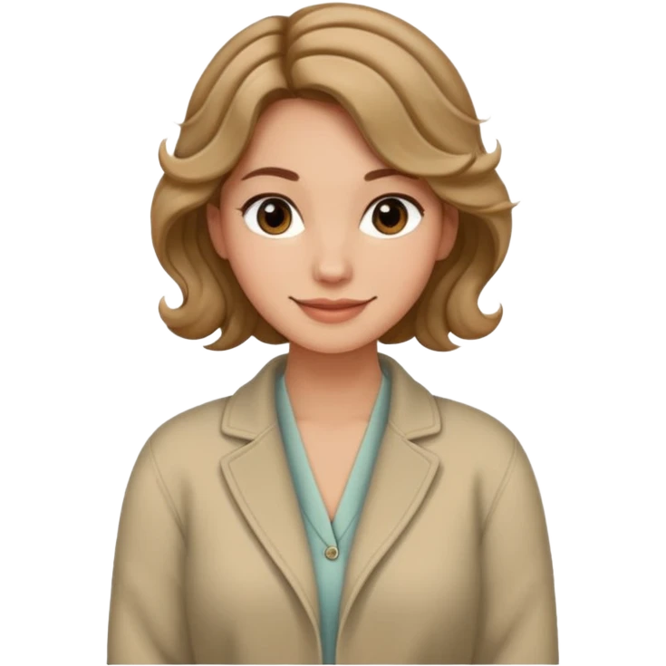 Женщина с волнистыми волосами, собранными в низкий пучок, спокойная улыбка, однотонный жакет или кардиган, стиль сдержанно-элегантный. emoji