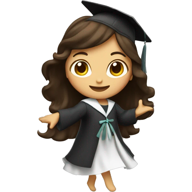 Girl with long dark brown hair dancing celebrating graduation from cooking school emoji