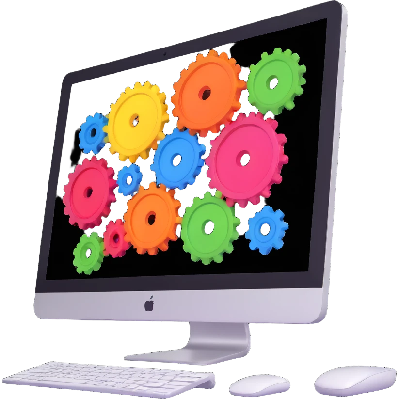 iMac computer with colorful gears on the screen emoji