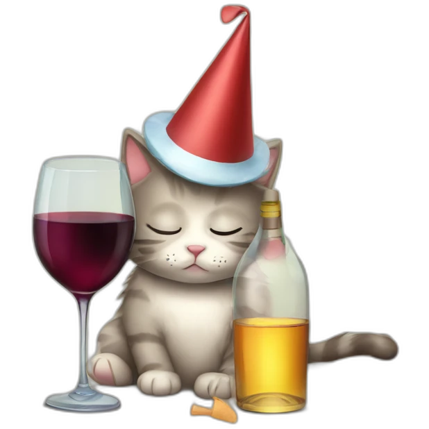 depressed tired kitty drinking wine and party hat on emoji