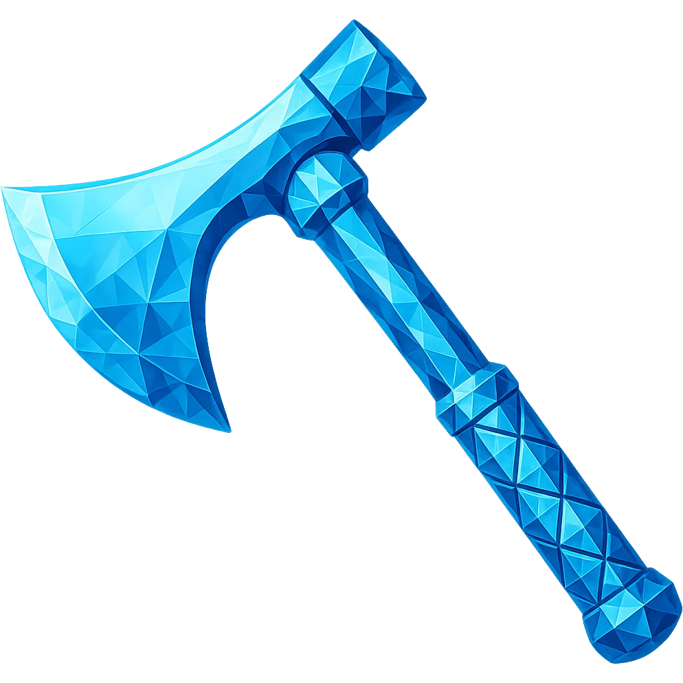 Transform the axe into a diamond version, matching the color, faceted texture, and shine of the diamond chestplate reference. Keep the exact shape and proportions of the original axe. Transparent background. The style should reflect a diamond faceted look with shine and clarity. emoji