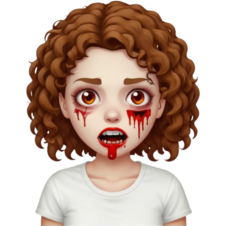Zombie girl with curly brown hair como emoji de iphone y con la boca un poco lastimada haz que tenga una simple remera blanca puesta pero que sea zombie  emoji