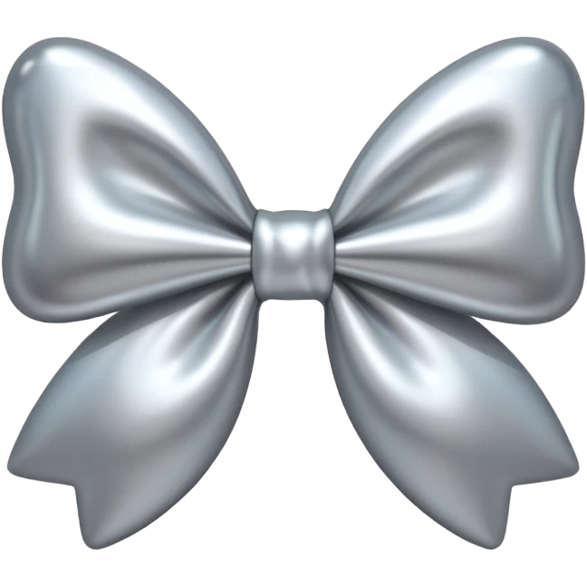 A cute bow emoji made of polished silver chrome, smooth rounded loops, glossy metallic surface, soft mirror reflections, subtle highlights, minimal and adorable proportions, iOS emoji style, centered composition, clean white background, soft studio lighting, no text, no outline, ultra high quality emoji