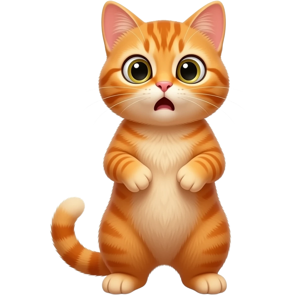 A little orange cat standing up like a little person, looking very surprised and shocked. All his body is dark orange. emoji