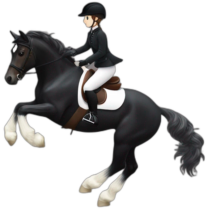 a  JRT BLACK HORSE JUMPING AN OBTACLE, THE HORSE HAS A WHITE BLAZE AND THREE WHITE SOCKS. tHE HORSES RIDER IS A YOUNG FEMALE WITH LONG CURLY BRUNNET HAIR emoji