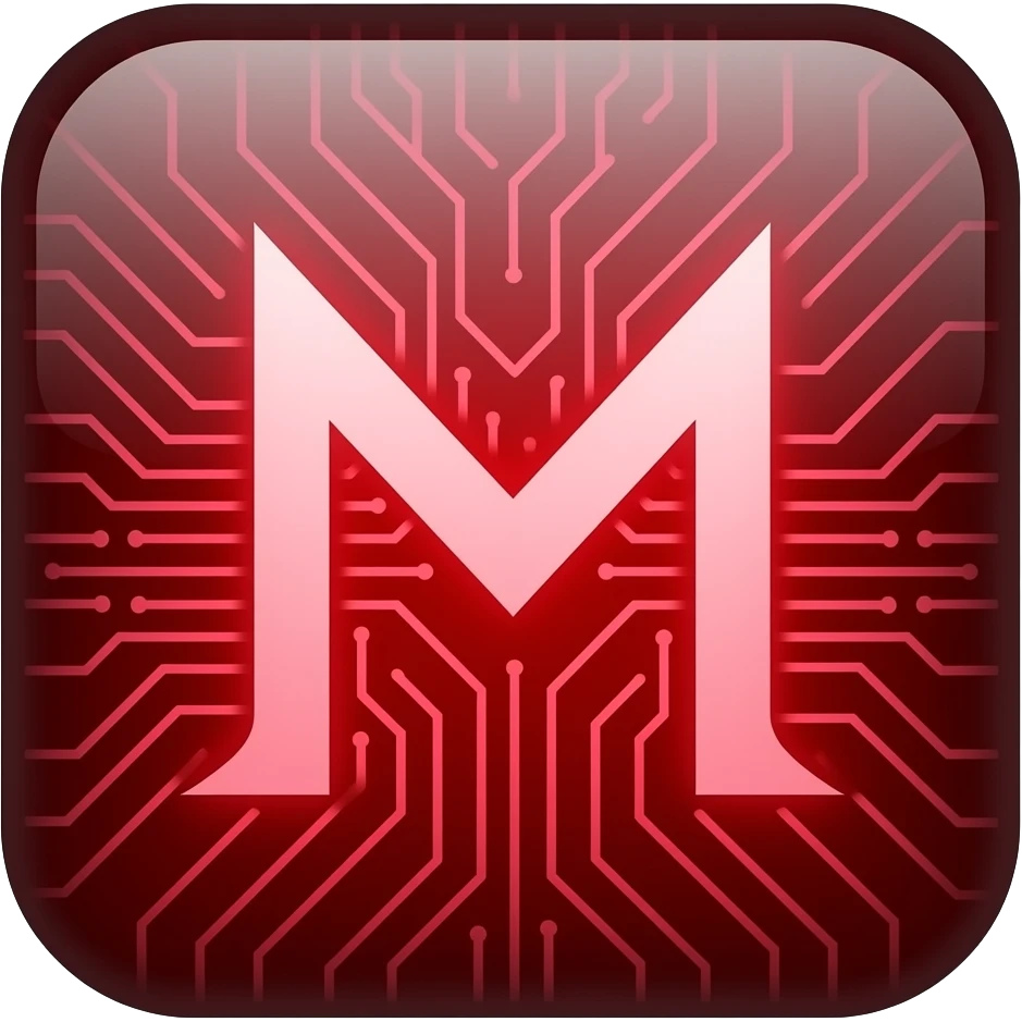 Glowing dark red square emoji, futuristic style. Inside, a sharp edged capital letter "M" resembling ancient runes and computer circuits, emitting crimson light. Pure void background, cinematic lighting, Unreal Engine 5. emoji