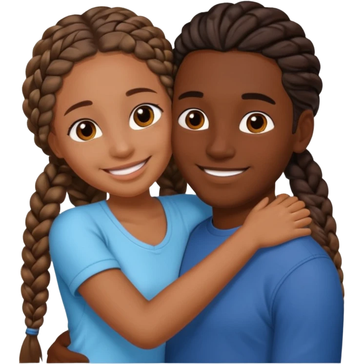 dark skin girlfriend with braids hugs brown skin boyfriend with long hair  emoji