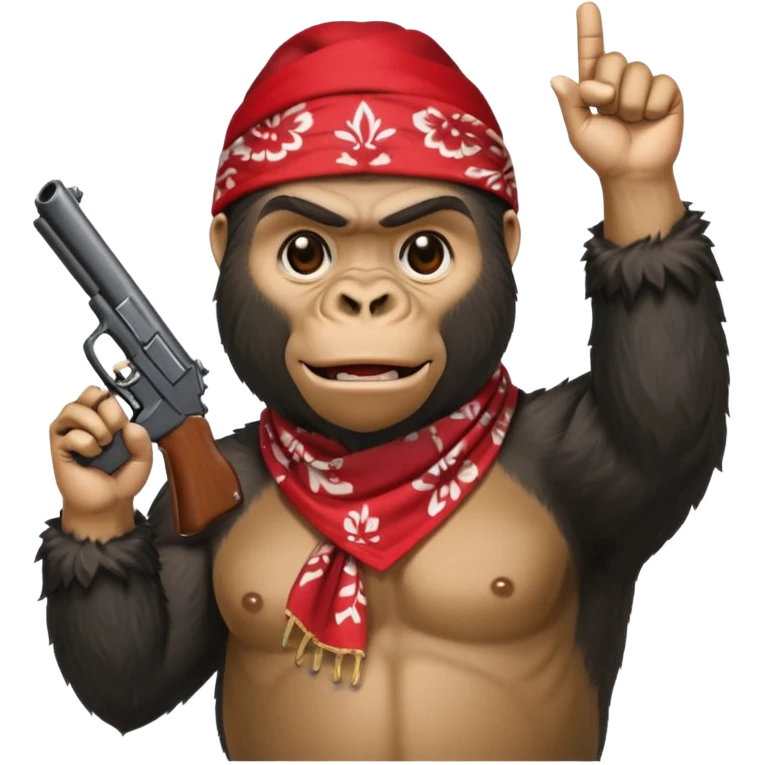 A gorilla holding a gun in the air with a bandana  emoji