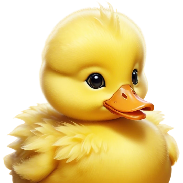 Cinematic Cute Yellow Baby Duck Portrait Emoji, Head tilted playfully and inquisitively, featuring a fluffy, vibrant yellow downy coat with a tiny delicate beak, round, sparkling eyes filled with curiosity, Simplified yet irresistibly adorable features, highly detailed, glowing with a warm, friendly glow, high shine, affectionate and spirited, stylized with a touch of playful whimsy, bright and endearing, soft glowing outline, capturing the essence of a mischievous yet loving duckling, so playful it feels like it could peep out of the screen and into your arms! emoji