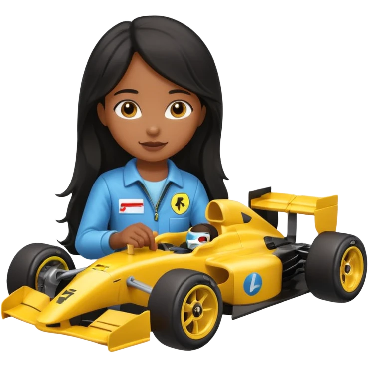  long black haired black girl kid playing yellow colored formula 1 car toy emoji