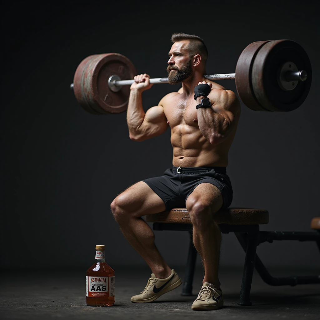 realistic powerlifter in deadlift position, looking sideways at bottle of AAS, sportswear, evident muscles, atmosphere of temptation, isolated on white background emoji