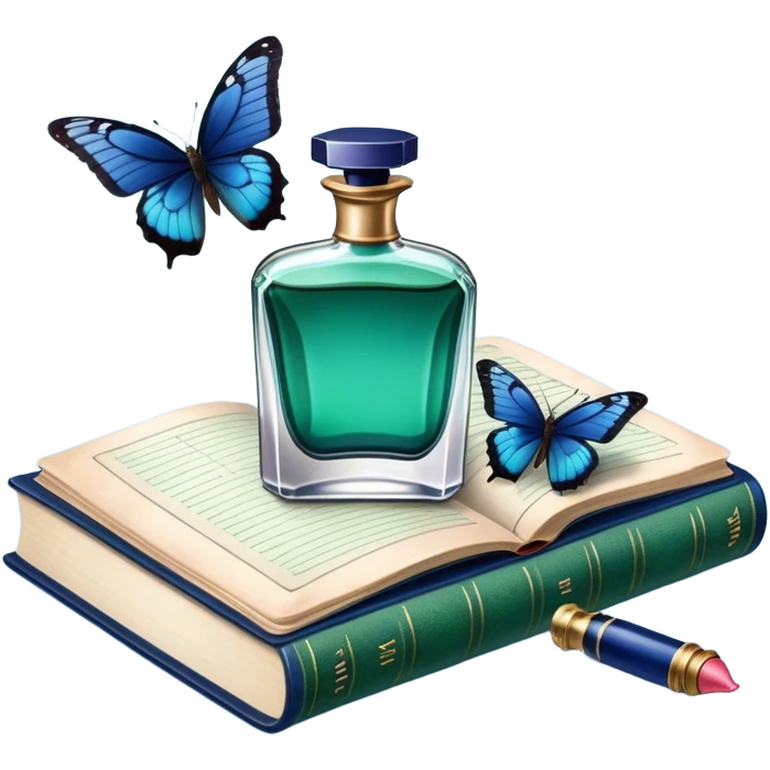 A vintage still-life composition featuring a navy perfume bottle, an old green book, and a blue butterfly. emoji