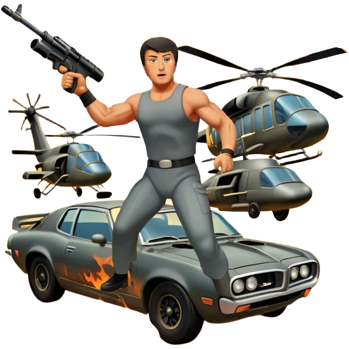 Icon for Action Movie: A vintage movie poster-style design featuring intense action scenes with explosions, weapons, and dramatic poses of Stallone. Include cars and helicopters flying out of flames in the background. Bold typography and retro cinematic style. Transparent background. emoji