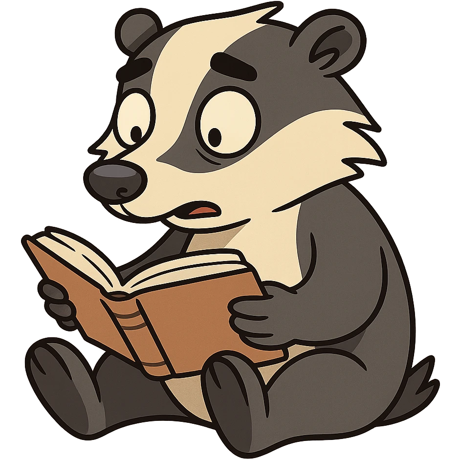 a cartoon badger sitting and reading, flat toon style emoji