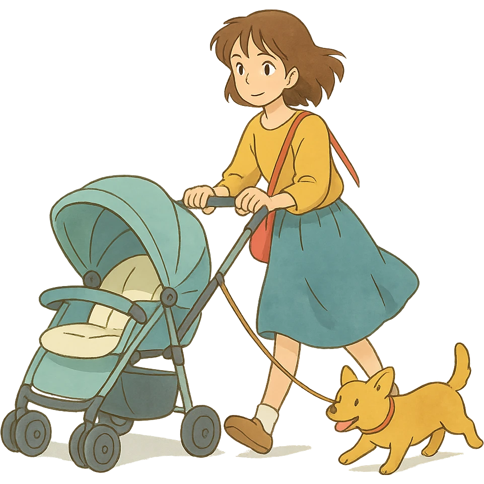 ghibli style girl walking with a stroller and dog on a leash, soft colors emoji