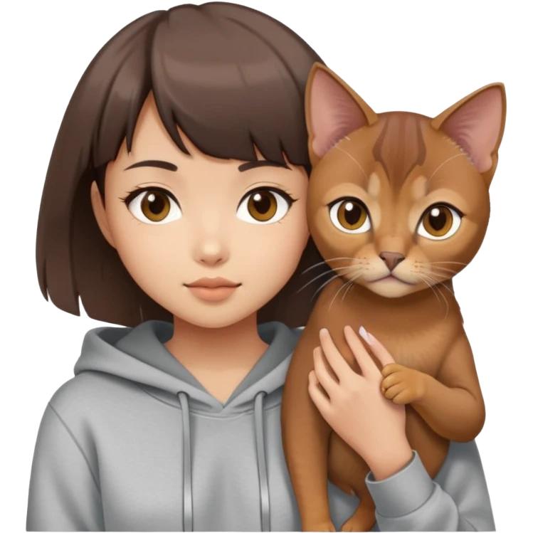a asian girl with short brown hair and bangs holding an Abyssinian cat， wearing grey hoodie emoji
