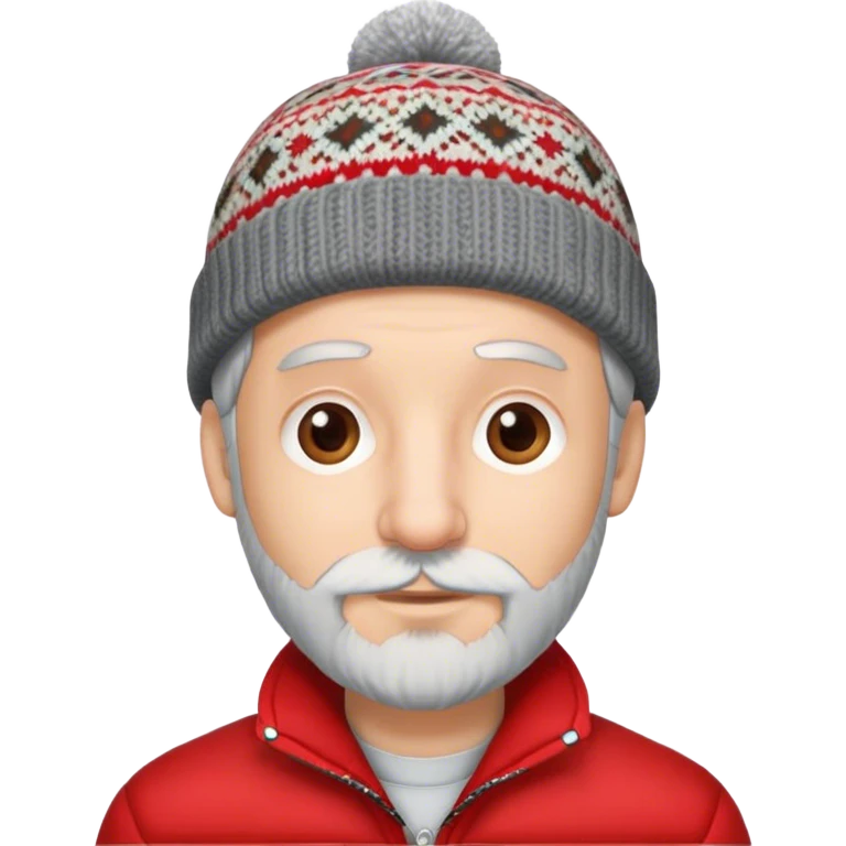 man with gray hair small beard and big nose with a patterned beanie on wearing red jacket emoji