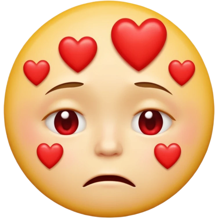 A yellow circular frowning face that is crying, with a dozen hearts floating from top to bottom in front of it emoji