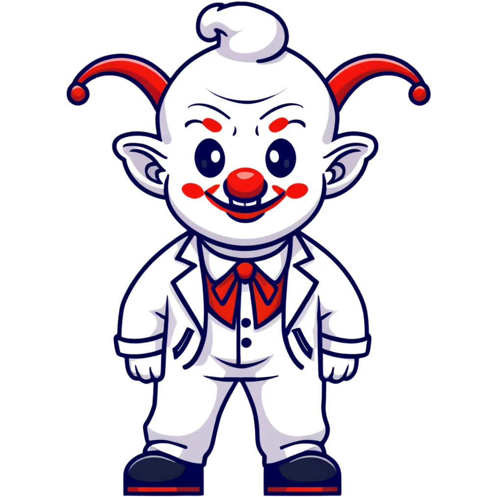full-body demonic clown in a white leisure suit with bellbottom pants, bald, black ram horns, wearing elevator shoes emoji