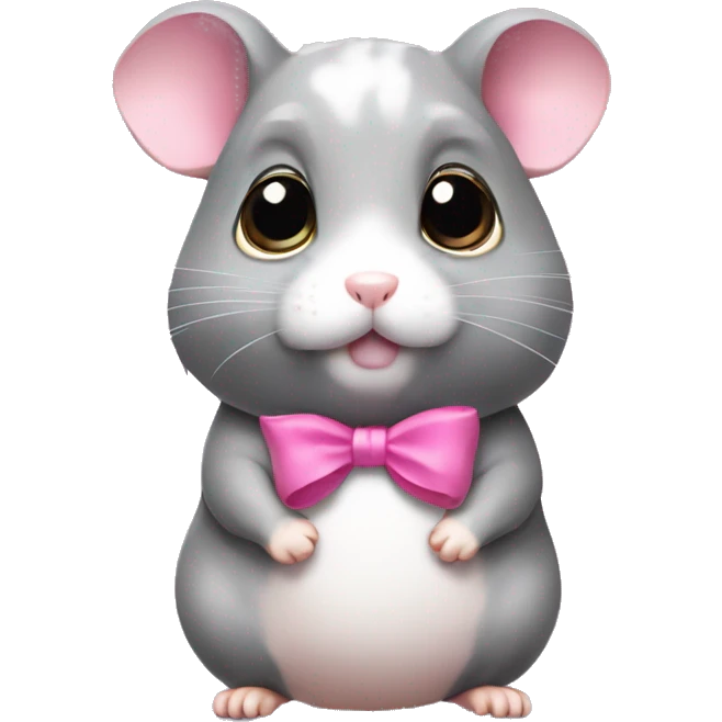 A full-body grey hamster with huge eyes a pink bow  emoji