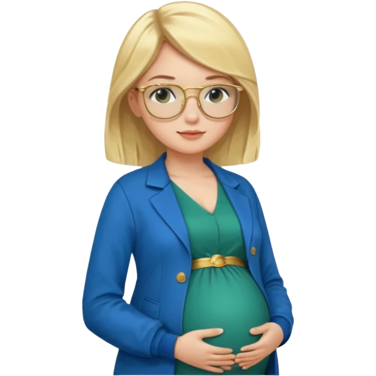 pregnant blonde 18-year old with golden glasses in a bright blue dress and a dark green jacket on top of the blue dress emoji