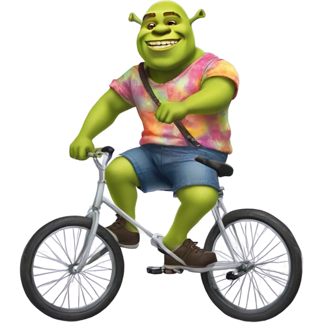 shrek wearing a tye dye shirt riding a unicycle  emoji