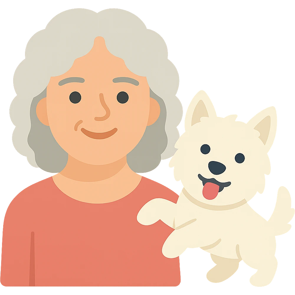 Make the Westie dog playful, with an energetic pose or playful expression, keep the 50-year-old lady with silver curly hair smiling emoji