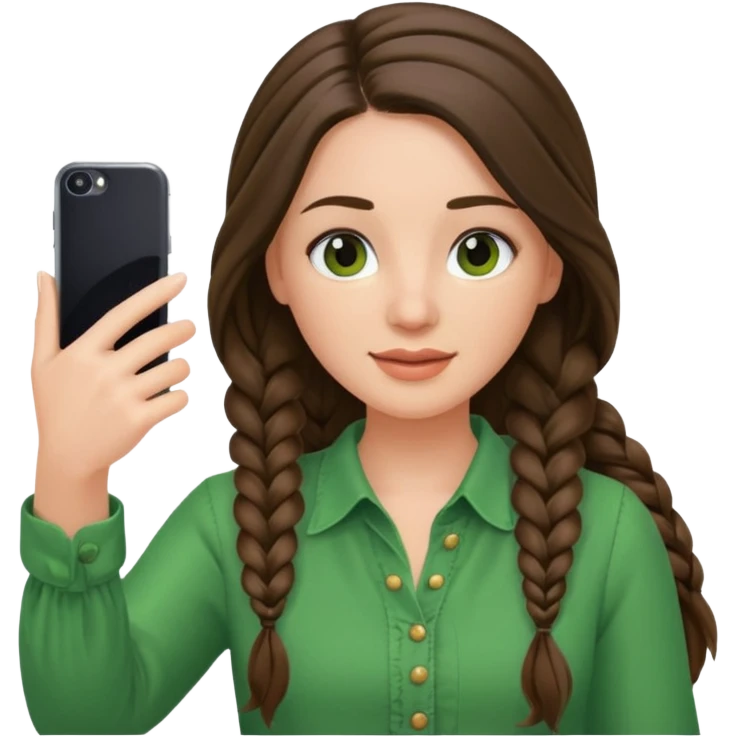 brunette long braided haired woman with green blouse holding her phone having selfie emoji