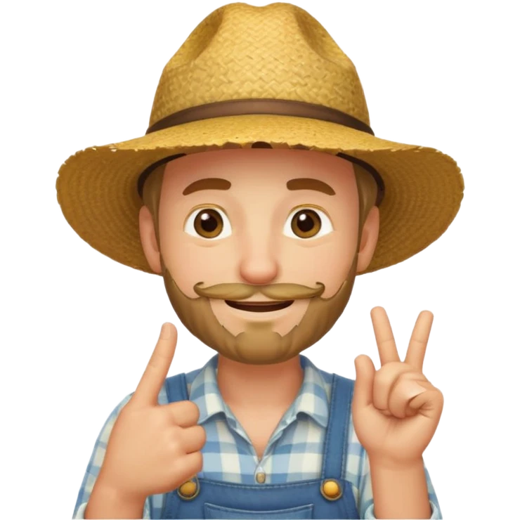 “A single emoji-style character combining 👨‍🌾😄 and 🤔: a smiling farmer man with a straw hat, friendly face, and light beard, holding one hand under his chin in a thinking gesture. His index finger rests under his face, eyes looking slightly upward as if thinking.  emoji