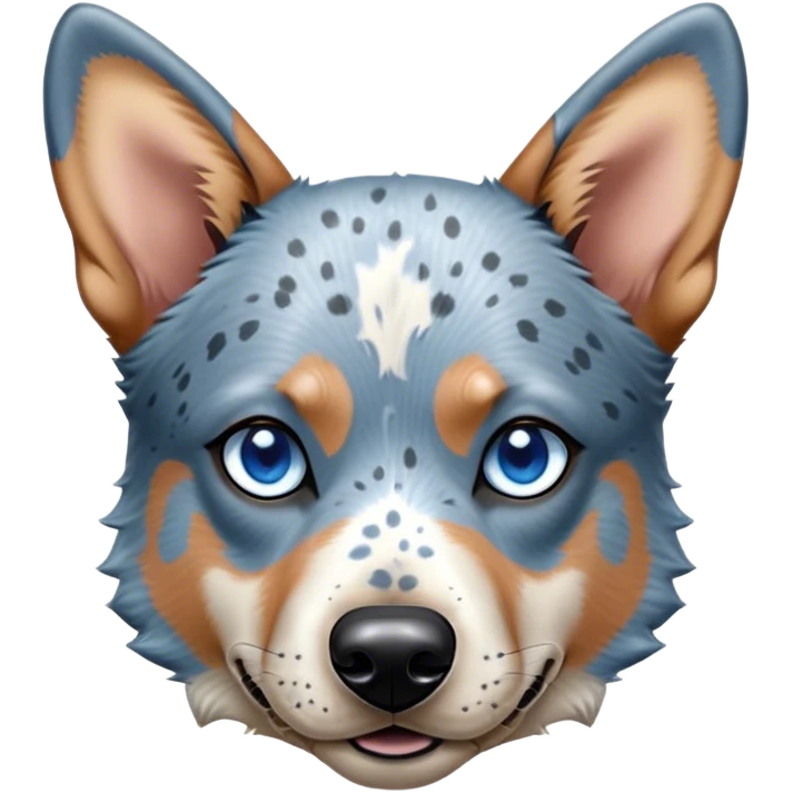 Cinematic Noble Blue Speckle Australian Cattle Dog Portrait Emoji, Poised and regal, with a robust, athletic build and a striking blue speckle Fur, piercing blue eyes, Simplified yet sharp and sophisticated features, highly detailed, glowing with a cool, dignified glow, high shine, intelligent and hardworking, stylized with an air of precision, focused and attentive, soft glowing outline, capturing the essence of a watchful and determined herder, so majestic it feels as though it could leap out of the screen with effortless authority! emoji