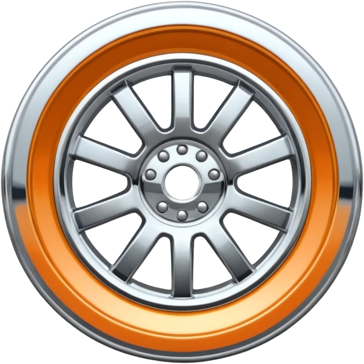 A chrome car wheel emoji, polished silver metal rim, smooth circular shape, minimal futuristic design, soft reflections, iOS emoji style, centered on white background, ultra clean look emoji