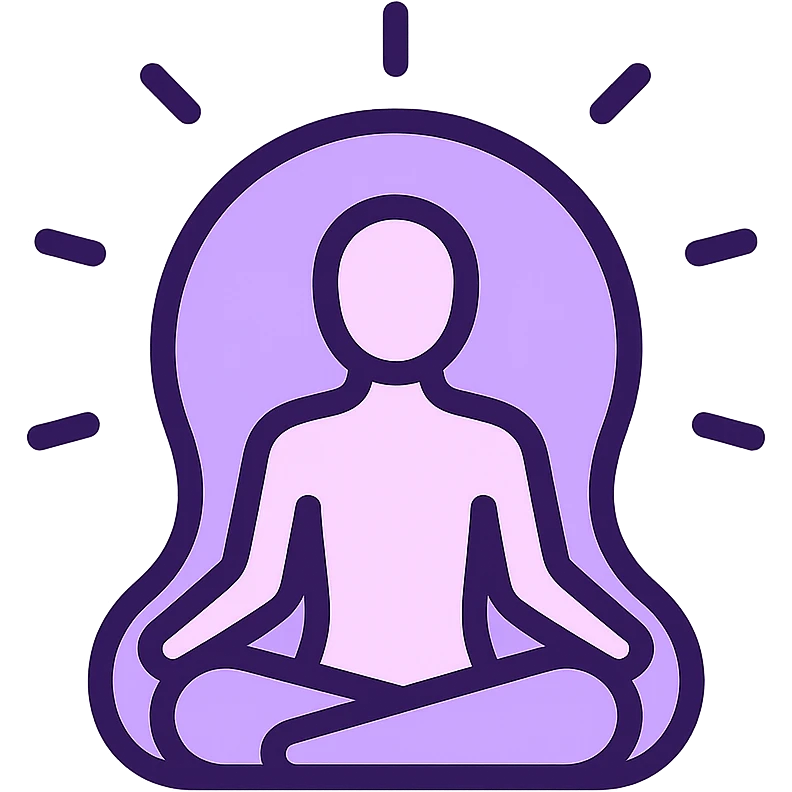 minimalist icon of a meditating figure with a glowing aura, soft purple and white color palette, clean vector lines, modern and serene, suitable for wellness or mindfulness app emoji