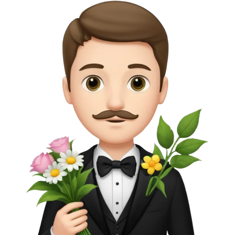 generate an ios genmoji of a 20 year old fair boy with very few and faint mustache hair. should look like he cant grow a mustache., carrying a flower bouquet, wearing a tux emoji