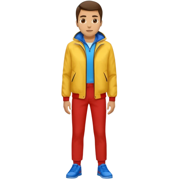 un hombre con: yellow jacket, red pants and blue shoes emoji