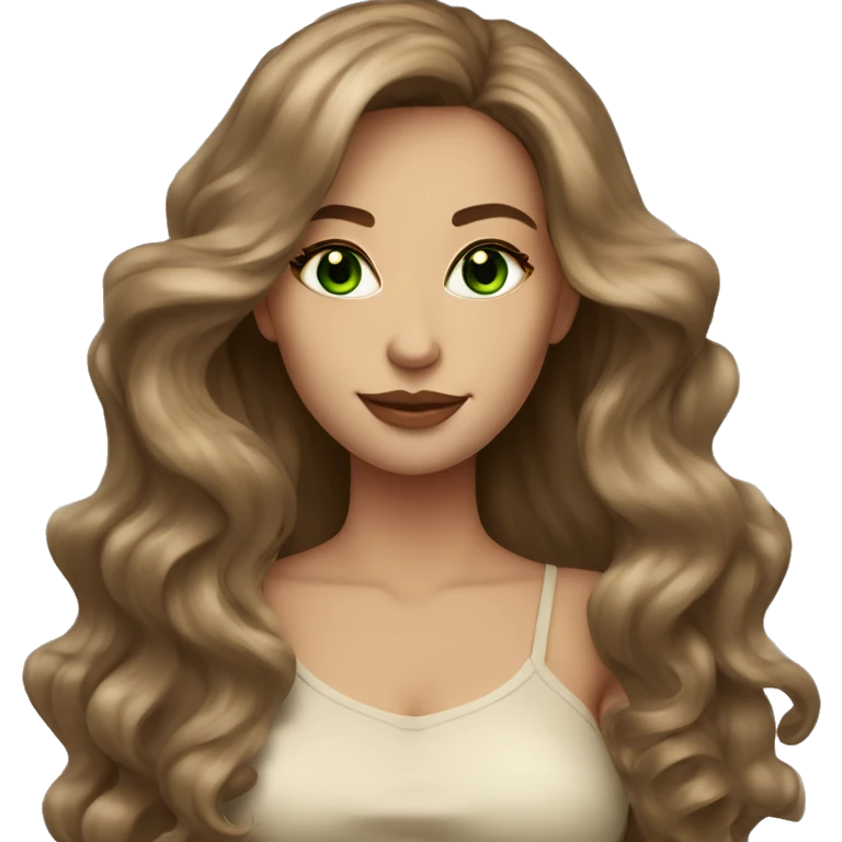 woman long brown wavy voluminous hair with green eyes beige skin and hot outfit emoji