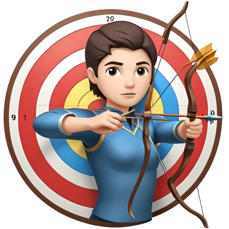 An archer drawing a bow and aiming an arrow at a target, with perfect focus and precision. The target is visible in the background, featuring concentric rings. The scene captures the concentration and skill involved in archery, emphasizing the elegance and accuracy of the sport. emoji