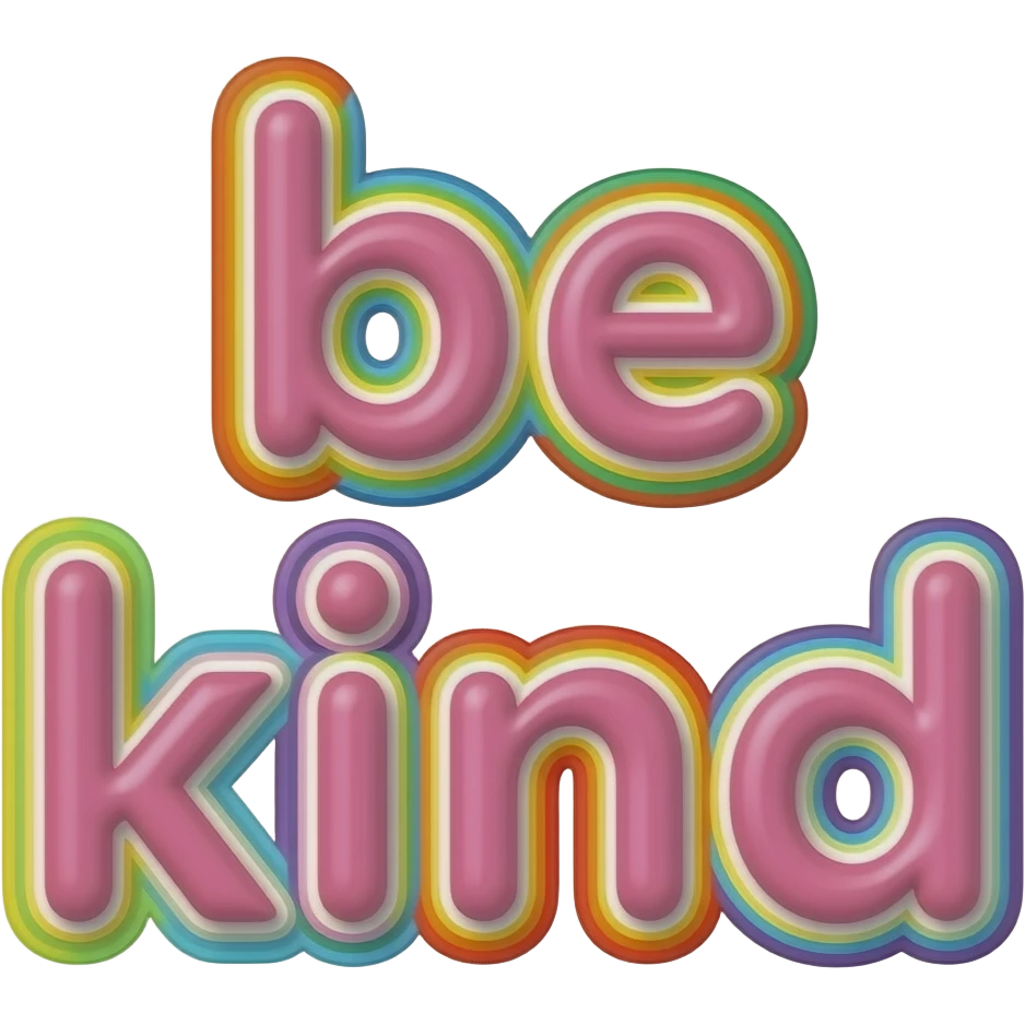 name "be kind" in pink, 3D style typography lettering, each color of the rainbow as a border outlined around each letter, isolated, 3d rendering, no emoji icons no emoji faces and must have no human figures emoji